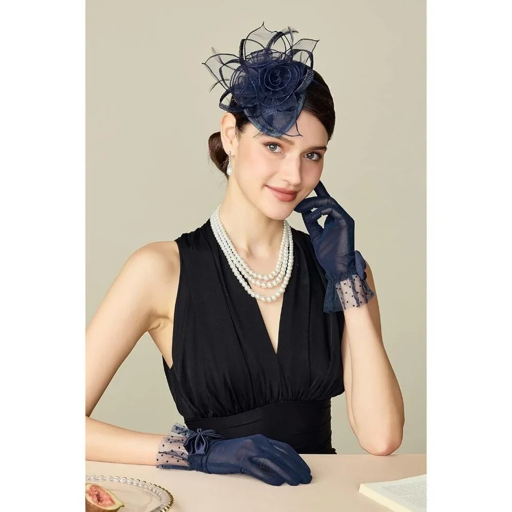 Women's Bow Gloves Navy Blue Short Lace Evening Wedding Accessories Party Prom